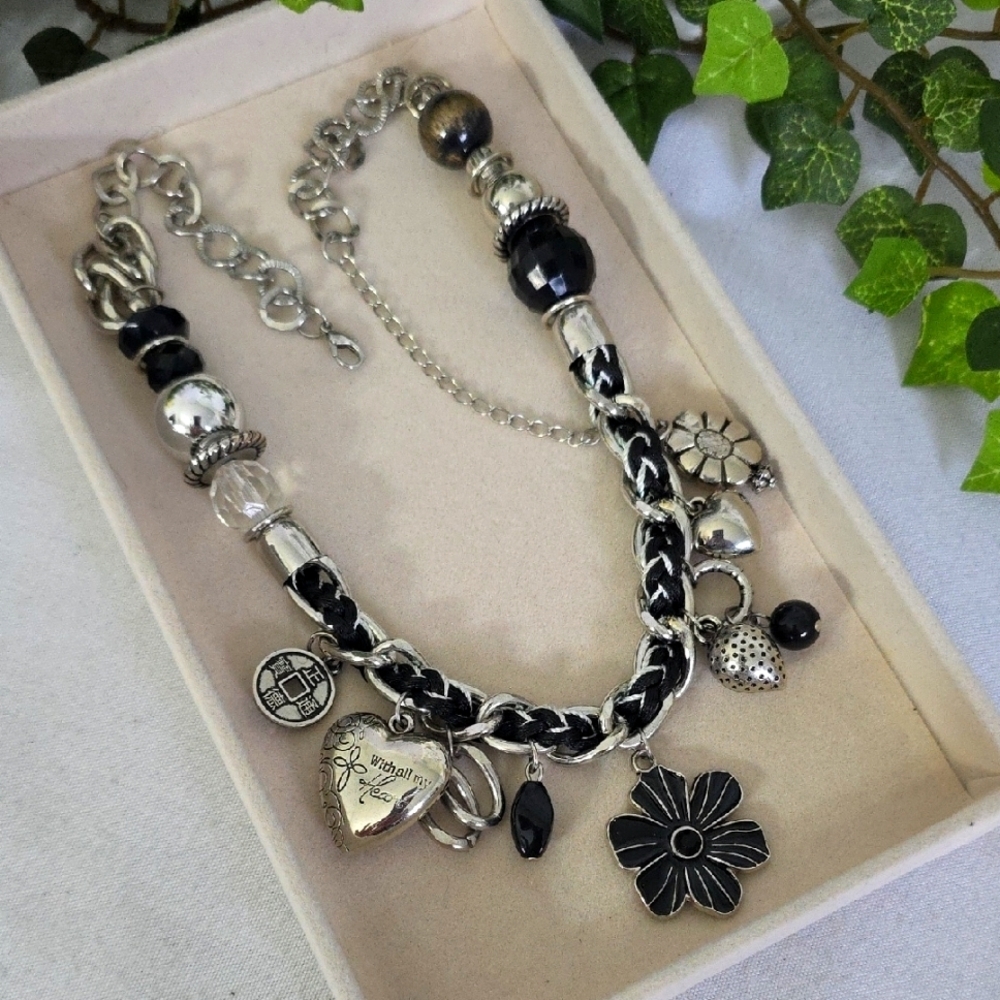 Silver and Black Pendant Charm Necklace Mixed Media